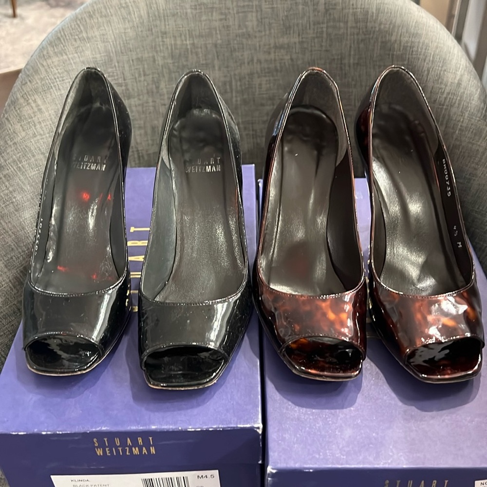 Stuart Weitzman Klinda peep toe bundle. Black patent and cognac tartaruga patent